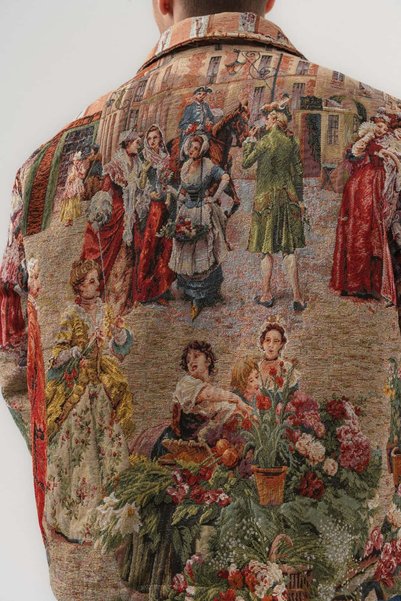 go gang own Courtyard Goblen Kumaş Vintage Çiçek Desenli Çıtçıtlı Erkek Mont