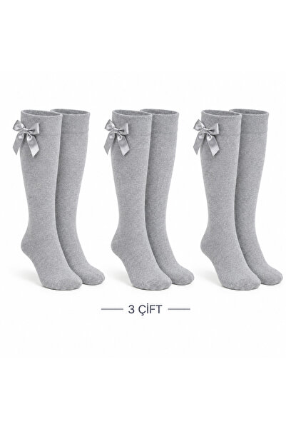 Genel Markalar Caglar Socks Kız Çocuk Fiyonklu Diz Altı Çorap 3 Çift Açık Gri