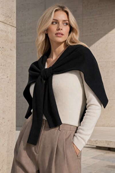 Kokoş Black Sweater-Looking Tie-Up Sal