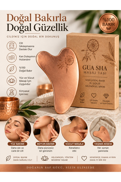 parisa Doğal Bakır Gua Sha Masaj Taşı – Yüz, Boyun ve Vücut Masaj Aparatı – E...