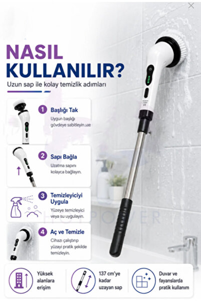 çt çeçem ticaret Şarjlı Ve Elektrikli Temizlik Fırçası Turbo Dönüş Teknolojisi Mutfak, Banyo 8 farklı başlık cam silme aparatı