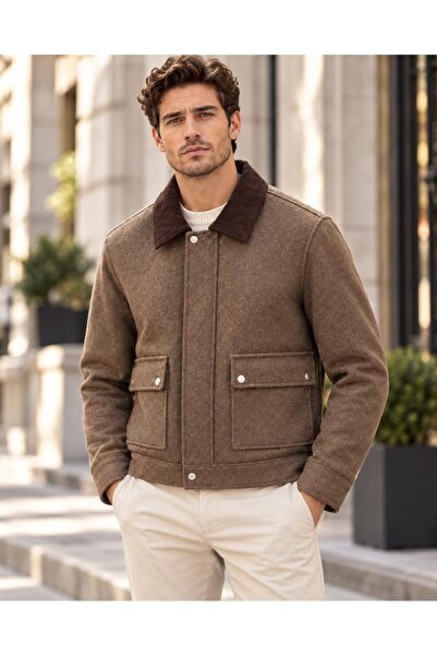 Vesli Men's Brown Premium Cashmere Coat – Contrast Velvet Collar, Zipper and ...