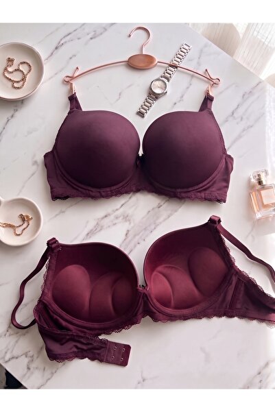 Lavint Homewear Koyu Mürdüm Ultra Push-Up Dantel Detaylı Destekli Balenli Sli...