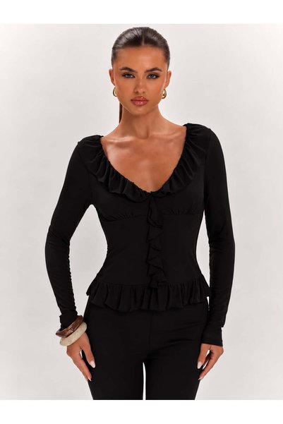 eybetsa Women's Minimalist French Style Long Sleeve Flounce Blouse
