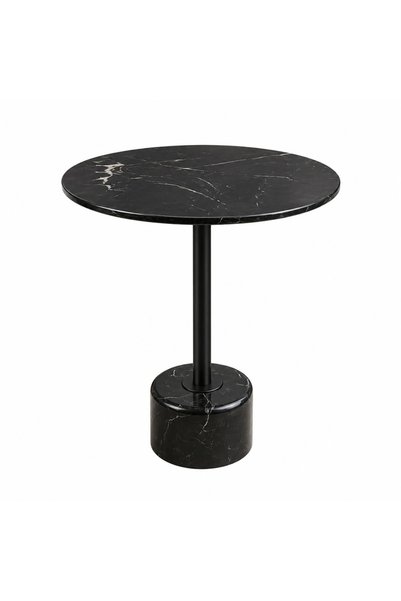 MiLi Modern Round Service Table with Black Marble Top and Elegant Marble Base