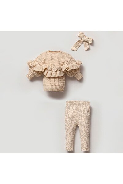 STRAWBABY Nipperland Ruffled and Floral Detailed Baby Girl Knitwear Set - 3-P...