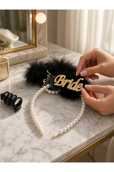 Happyland Bride Black Feather Gold Detailed Pearl Crown and Bracelet Set Bach...