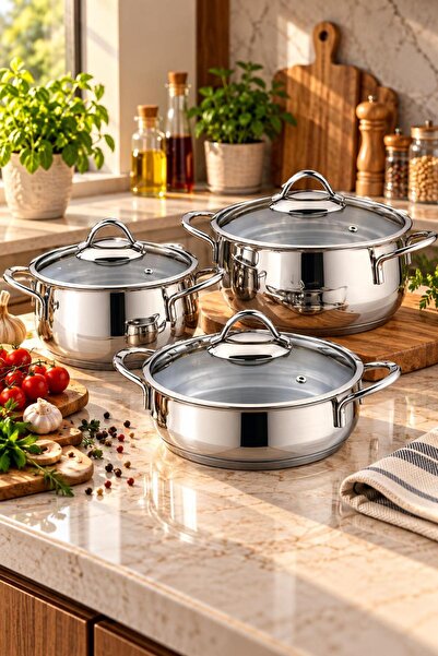 gülsan Gizem Inox 3’lü 6 Parça Cam Kapaklı Paslanmaz Çelik Tencere Seti