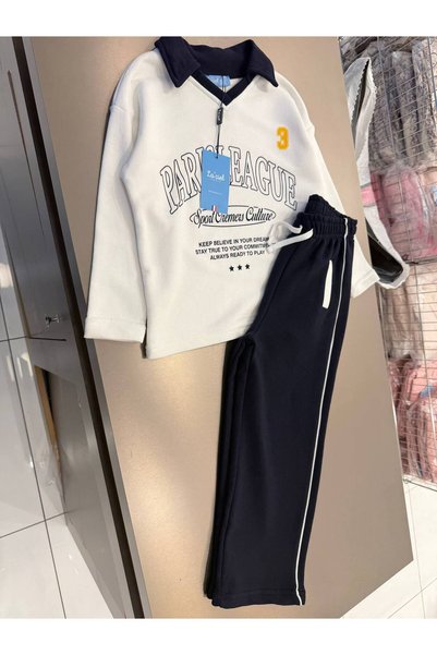 Motebarn Wear Girl's Navy Blue Collar Detailed Paris Printed Sweatshirt and Striped Sweatpants Set