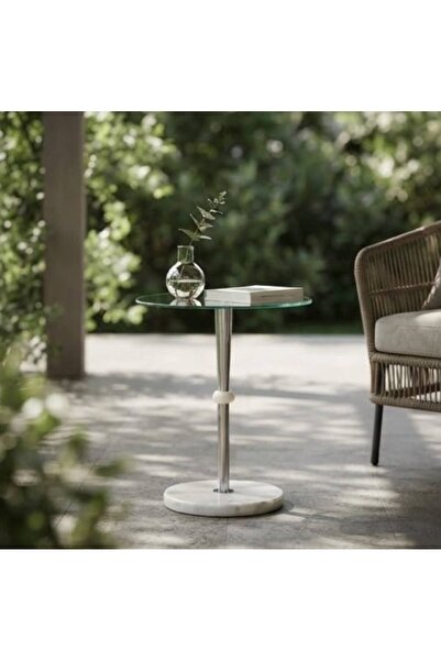 IN HOME STORE طاولة خدمة جانبية مودرن بسطح زجاجي شفاف وقاعدة رخامية دائرية وه...