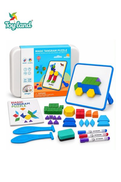 TOY LAND 128-Piece Magnetic Tangram Puzzle for Kids with Double-Sided Drawing...