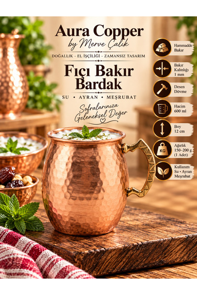 AURA COPPER Fıçı Bakır Bardak Dövme Kulplu Ayran Su Meşrubat Bardağı