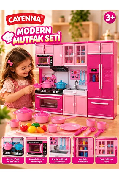 cayenna Büyük Boy Modern Oyuncak Mutfak Seti – Işıklı Ocak, Açılabilir Fırın, Buzdolabı ve Zengin Aksesuarlar