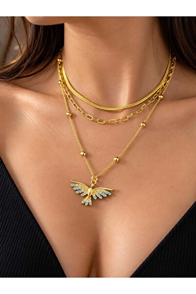 316L Çelik Gold Renk Anka Kuşu Zirkon Taşlı Üç Zincirli Kolye