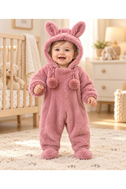 Umila Baby&Kids % 100 Pamuk Pembe Tavşan Kulaklı Ponponlu Peluş Bebek Tulumu