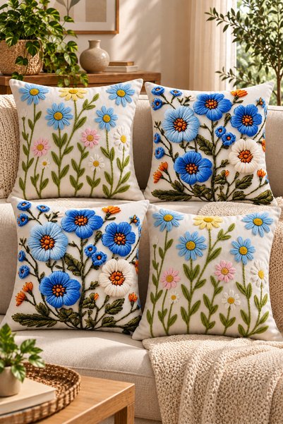 Bumedo Set of 4 Floral Decorative Throw Pillow Covers 43X43 Cm, 3D Effect Dig...