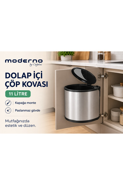 moderno 11 Litre Dolap İçi Kapağa Monte Paslanmaz Çelik Çöp Kovası C-2193