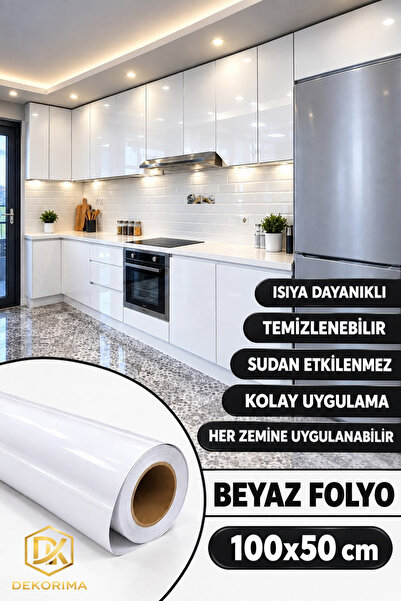 DEKORİMA Tek Parça Beyaz Folyo Kaplama Yapışkanlı Mutfak Dolapı Mobilya Kapla...