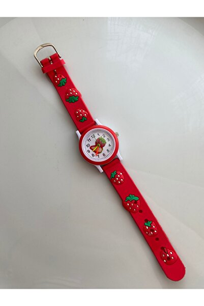 Anetta Jewelry Çocuk kırmızı 3D çilek desenli silikon kordonlu analog kol saati