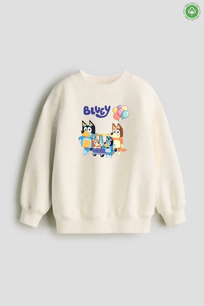 No9Wear Sevimli Karakter Bluey Basklı Unisex Çocuk Sweatshirt %100 Pamuk 4-14...