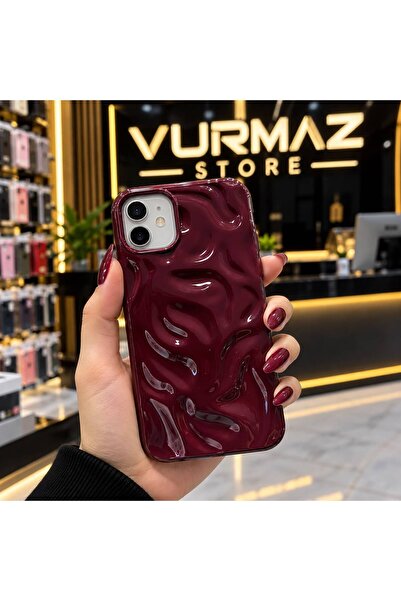 Case iPhone 11 Bordo Parlak Kabartmalı Premium Telefon Kılıfı