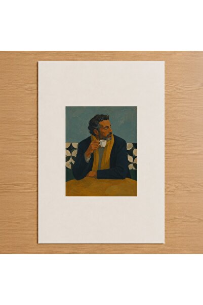 Lacivert Altın Kahve İçen Adam Portre Poster