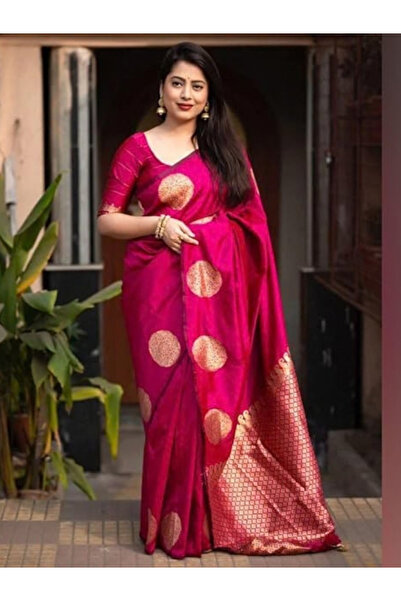 MYSMAR Rani-Pink Soft Silk Saree with Golden Zari Motifs - MAF101225 | Rani-Pink