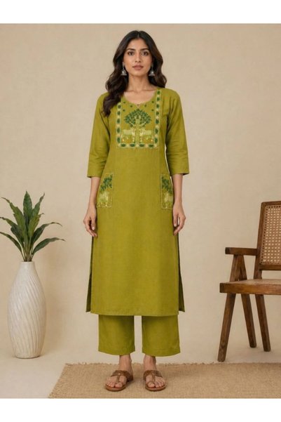MYSMAR Olive Green Slub Cotton Embroidered Kurta Palazzo Set - LRN9484 | Oliv...