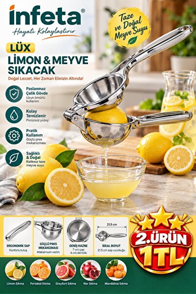 İnfeta Steel Metal Lemon Fruit Juicer Handle Press Model 7 cm Bowl 21.5 cm Ha...