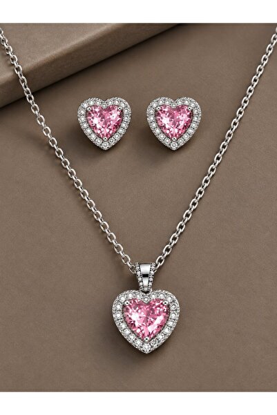 serelya 316L Steel Chain Silver Color Pink Zircon Stone Heart Model Women's N...