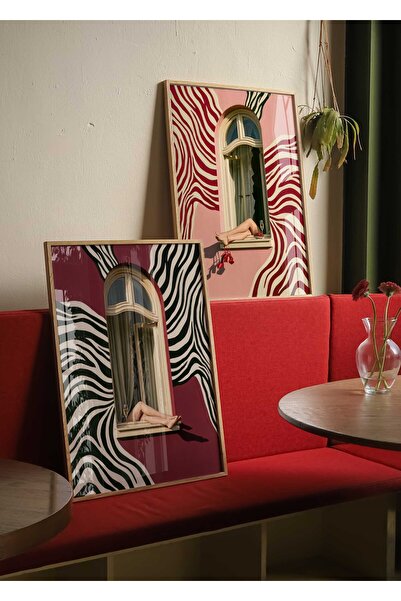 Buka Shops Bordo Pencere ve Kırmızı Topuklu 2'li Tablo Seti Zebra Desenli Sür...