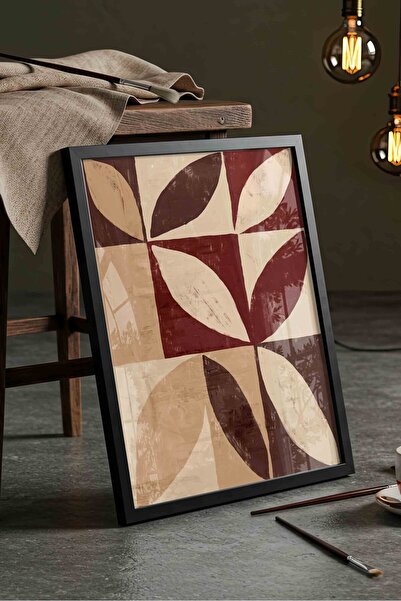 Buka Shops Geometrik Yaprak Desenli Tablo Bordo Bej Mid Century Blok Baskı – ...