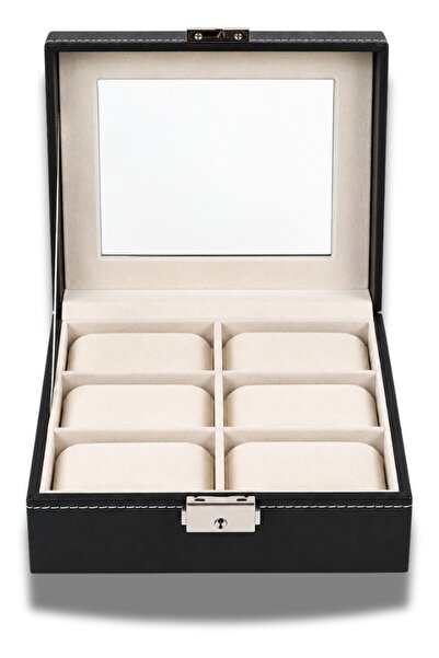 OEM Cutie pentru 6 ceasuri, Organizator premium cu capac transparent, Interior crem, Închidere metalică, Negru, 18 x 17,3 x 8 cm