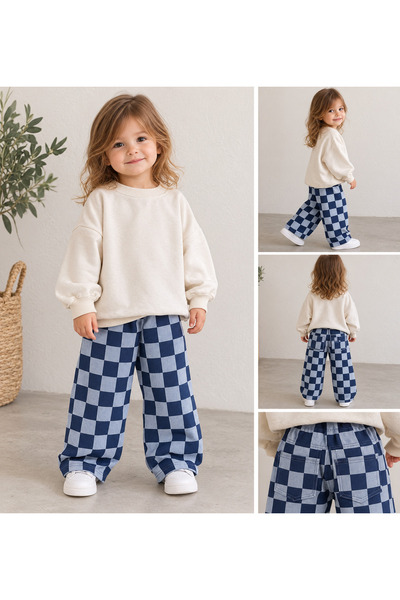 BAHNUR Gabardin Kumaş Unisex Çocuk Mavi Dama Desenli Salaş Balon Kesim Beli L...