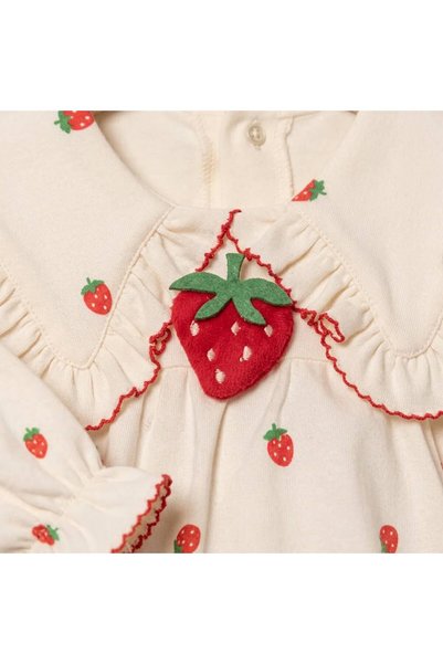 Luna Kids Store Baby Girl 100% Cotton Strawberry Patterned Bandana Romper -Ecru