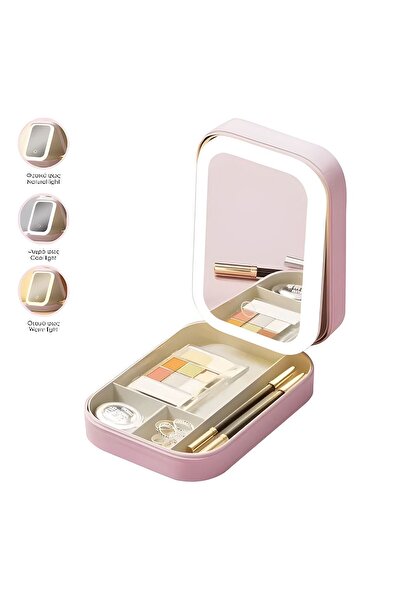 OEM Pink Eyeshadow Palette with Mirror & LED Light for Makeup 11.5x16.5x6cm