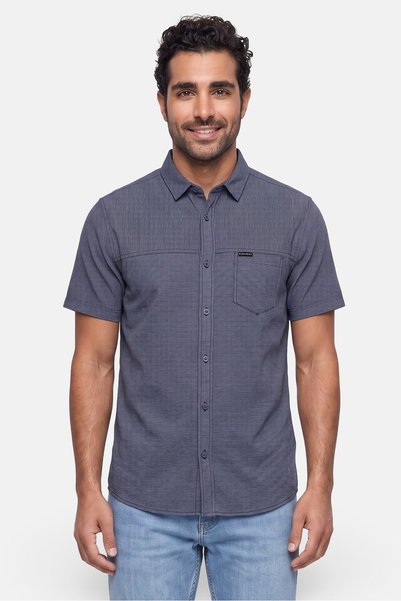dissident Men Regular Fit Micro Stripe Short Sleeve Casual Shirt, Navy