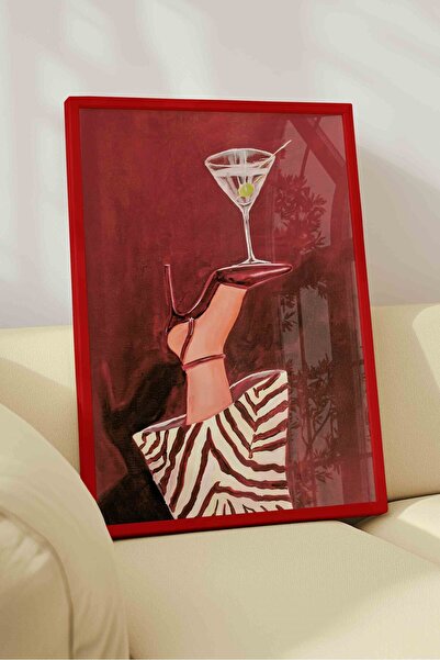 Buka Shops Martini Kadehi ve Topuklu Ayakkabı Tablosu Bordo Zemin Zebra Desen...