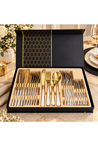 AliGo Set Tacâmuri Premium, Finisaj Auriu și Mânere Albe, în Cutie Elegantă d...