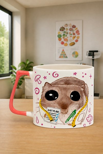 Mor Mürekkep Sad Üzgün Hamster Diyetisyen Baskılı Pembe Kulplu Prime Kupa - D...