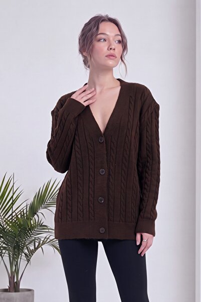 zks grup tekstil Women's Cardigan V-Neck Hair Knit Patterned Buttoned Knitwea...
