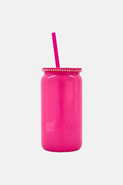 Isola Cucina Glass Sipper Beaded PP Lid With Straw 450 ml, Pink