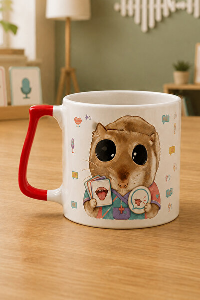 Mor Mürekkep Sad Üzgün Hamster Dil ve Konuşma Terapisti Baskılı Kırmızı Kulpl...