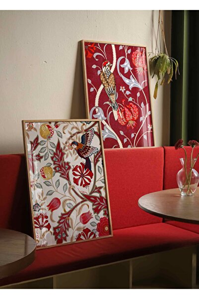 Buka Shops Nar Kuşu ve Bordo Şahin 2'li Tablo Seti Vintage Botanik Kuş – Çerç...