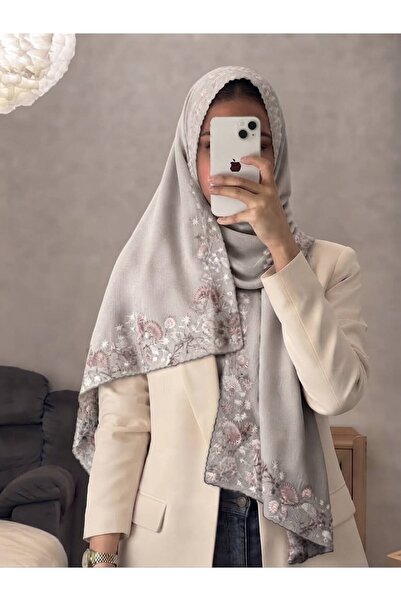Veil Designer طرحة تطريز ثلاثه رمادي طراف القماش بوال ياباني طبقتين 190*55