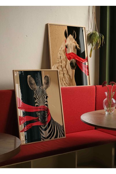 Buka Shops Fularlı At ve Fularlı Zebra 2'li Tablo Seti Hayvan Portresi – Çerç...