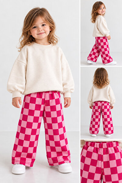 BAHNUR Gabardin Kumaş Unisex Çocuk Fuşya Pembe Damalı Salaş Balon Kesim Beli ...