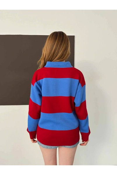 Lamierra Collared Thick Line Patterned Knitwear Sweater