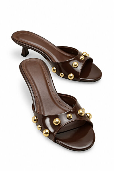Wildco Brown Heeled Slippers with Gold Accessories, Summer Slippers, Bitter B...
