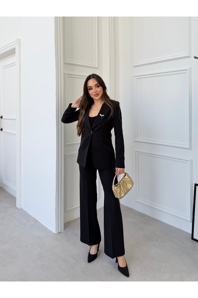 Tek Düğme Blazer Ceket & Kumaş Pantolon Takım Siyah